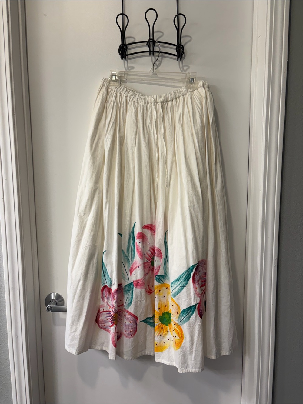Hand-Painted Floral Cotton Maxi Skirt - Cream with Pink & Yellow Flowers